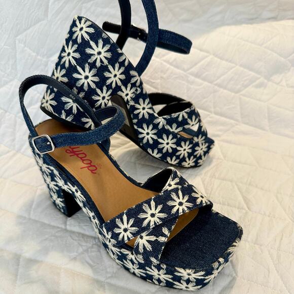 Women’s Jelly pop Bohemian Flower Embroidered Chunky Heels, size 8, denim, - Picture 8 of 11